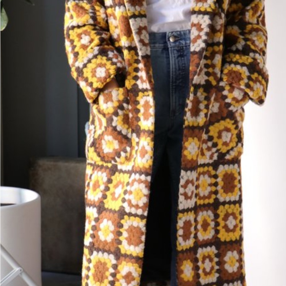 SMYTHE GRANNY SQUARE MUSTARD BROWNColorful Crochet Long JACKET/CARDIGAN MEDIUM